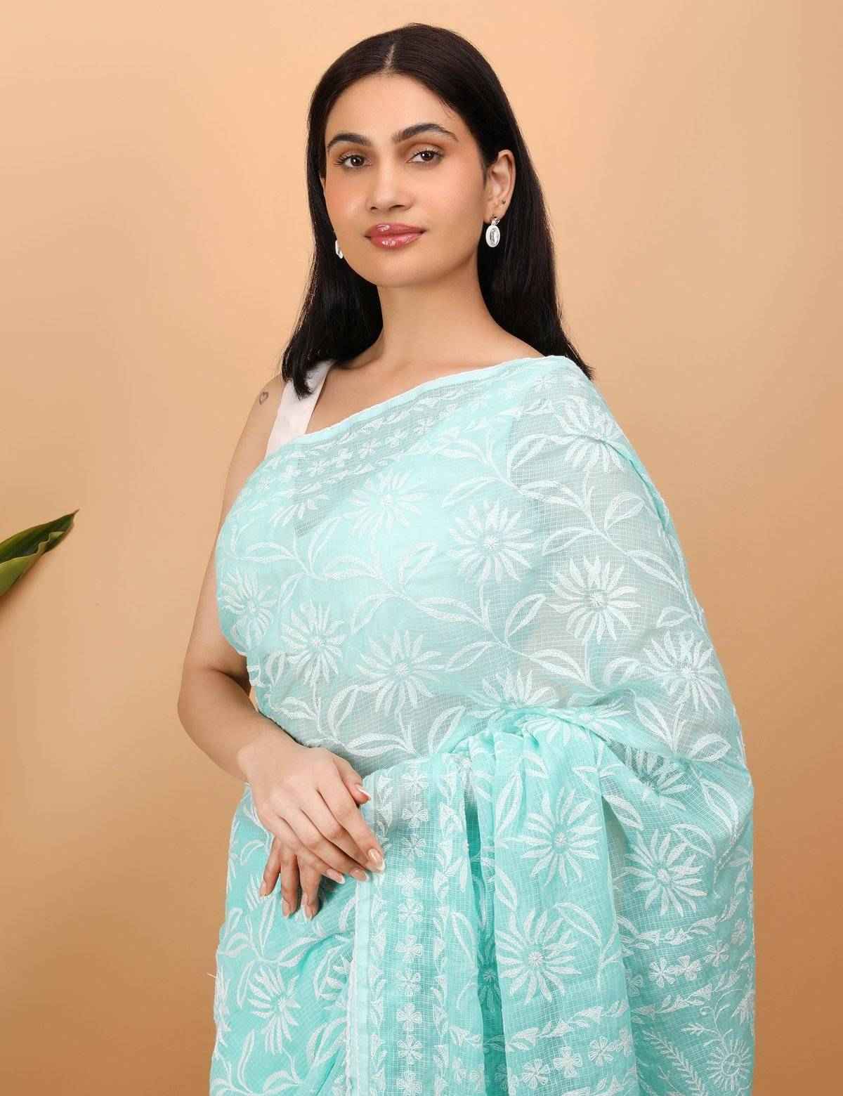 Shwet Cyan Blue Kota Cotton Chikankari Saree