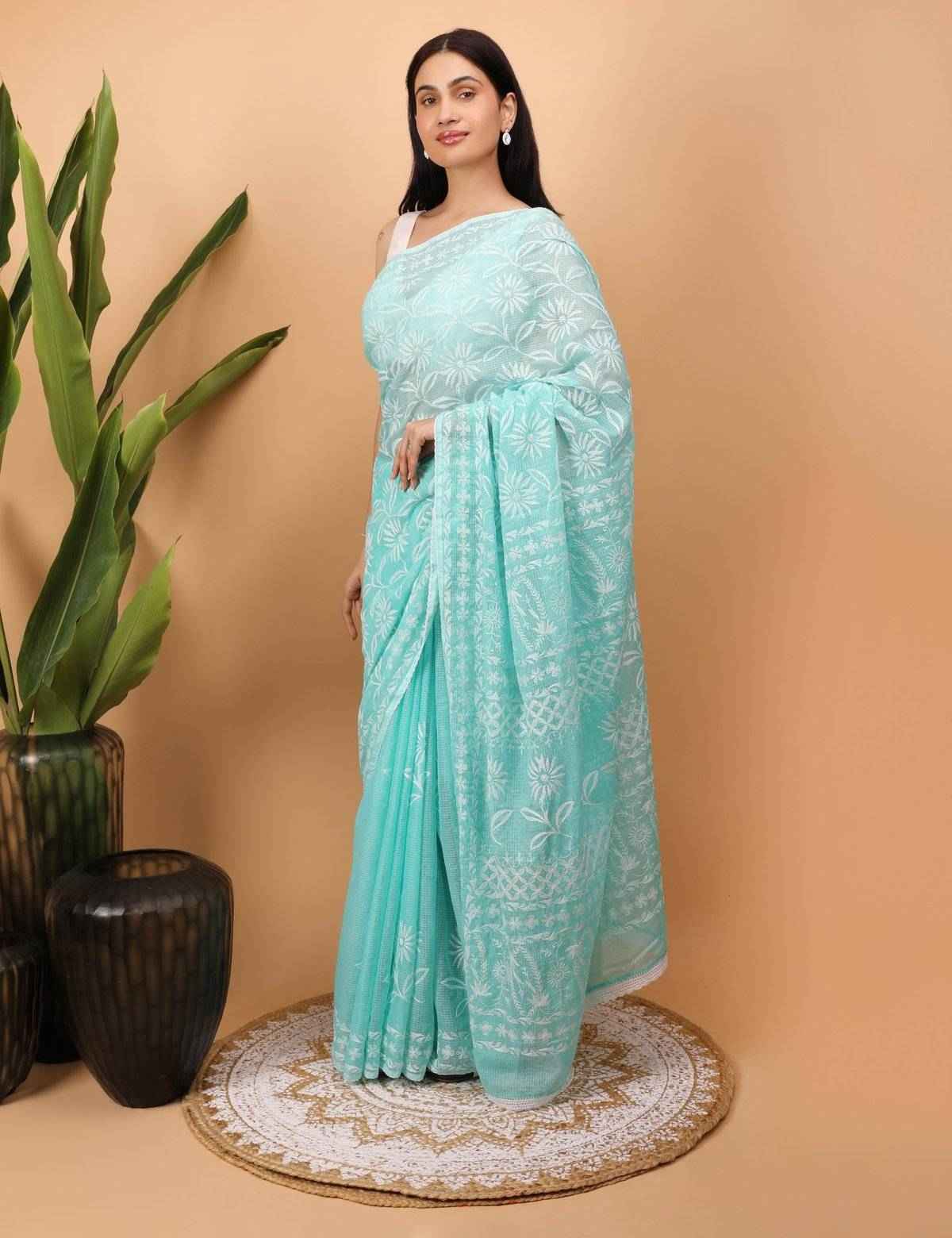 Shwet Cyan Blue Kota Cotton Chikankari Saree