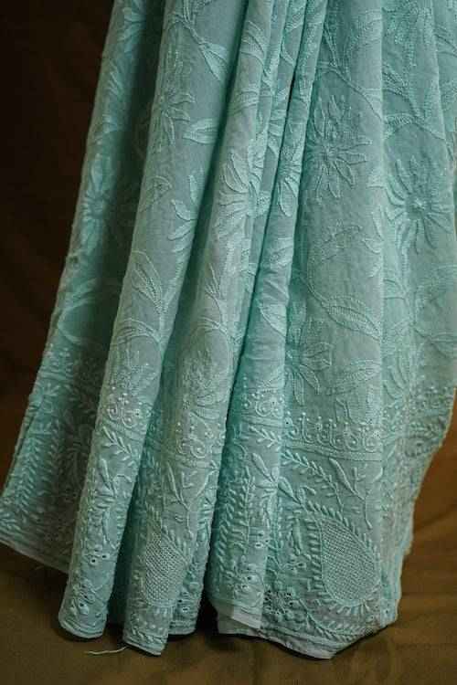 shwet cyan blue georgette chikankari saree