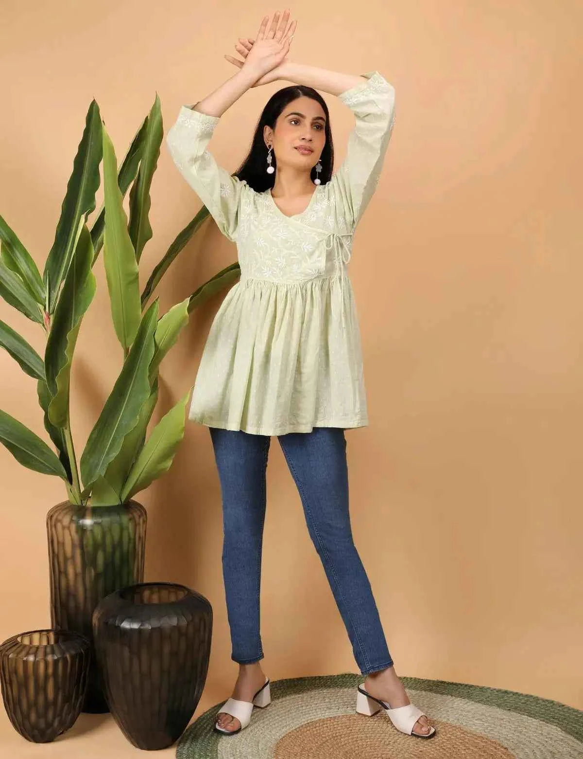 shwet green white women chikankari angarkha top