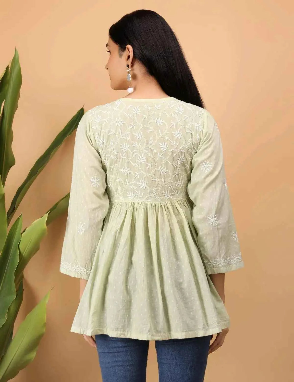 shwet green white women chikankari angarkha top