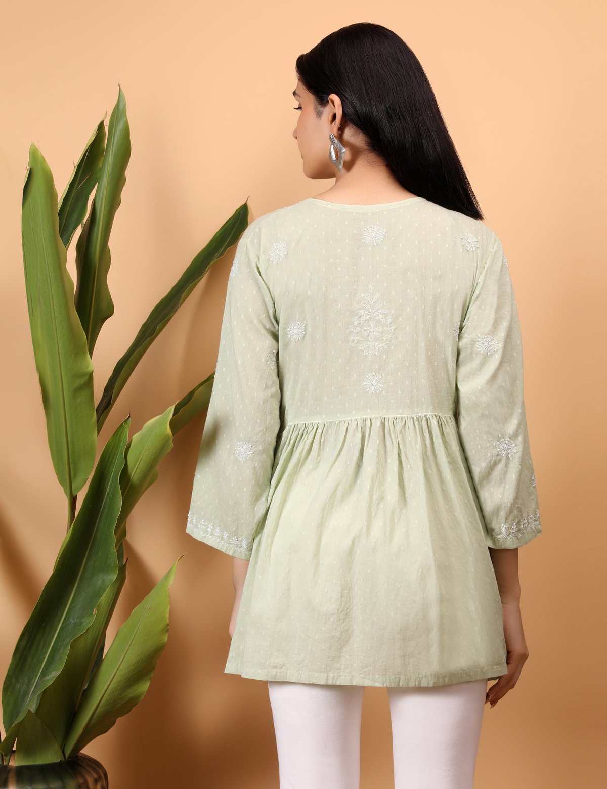 Shwet green white women chikankari angarkha top