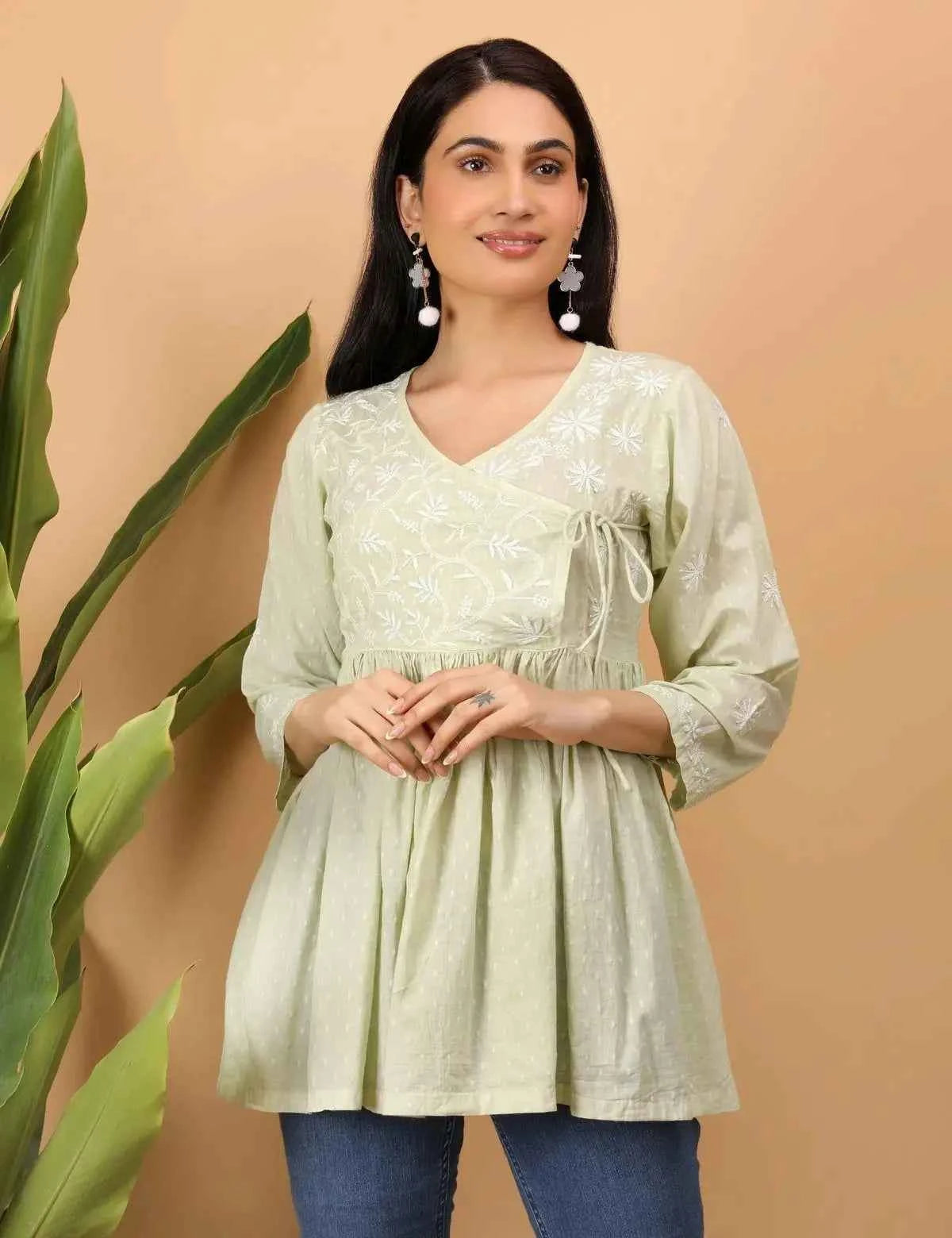 shwet green white women chikankari angarkha top