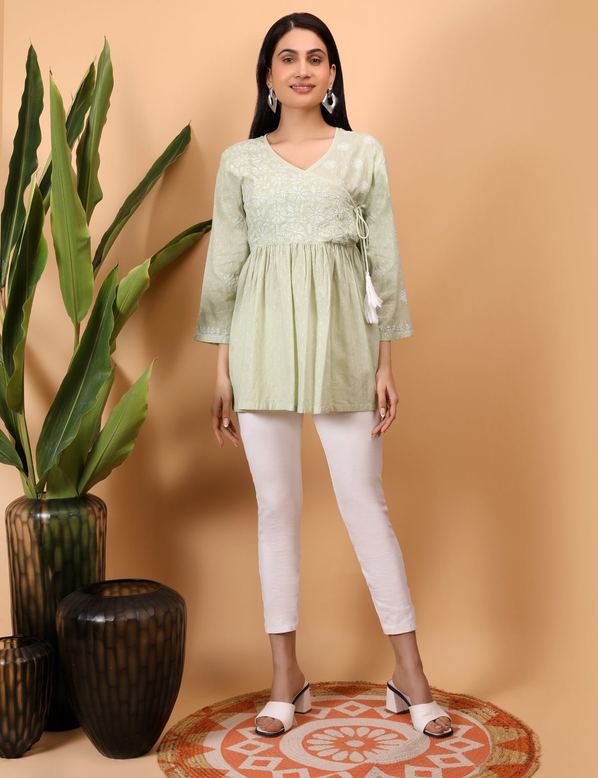 Shwet green white women chikankari angarkha top