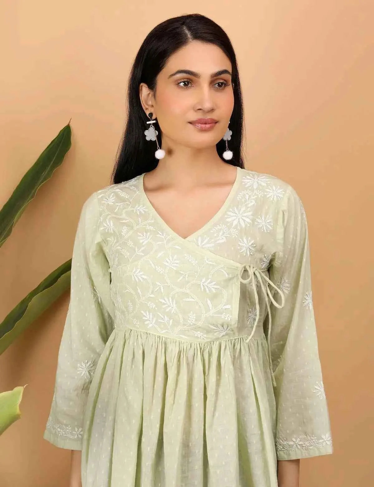 shwet green white women chikankari angarkha top