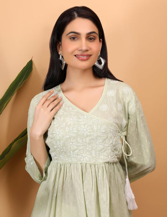 shwet green white women chikankari angarkha top