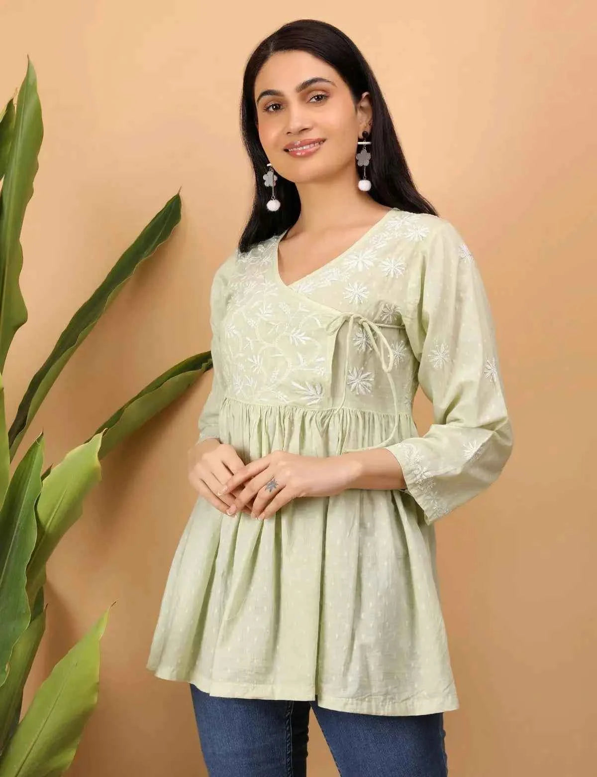 shwet green white women chikankari angarkha top