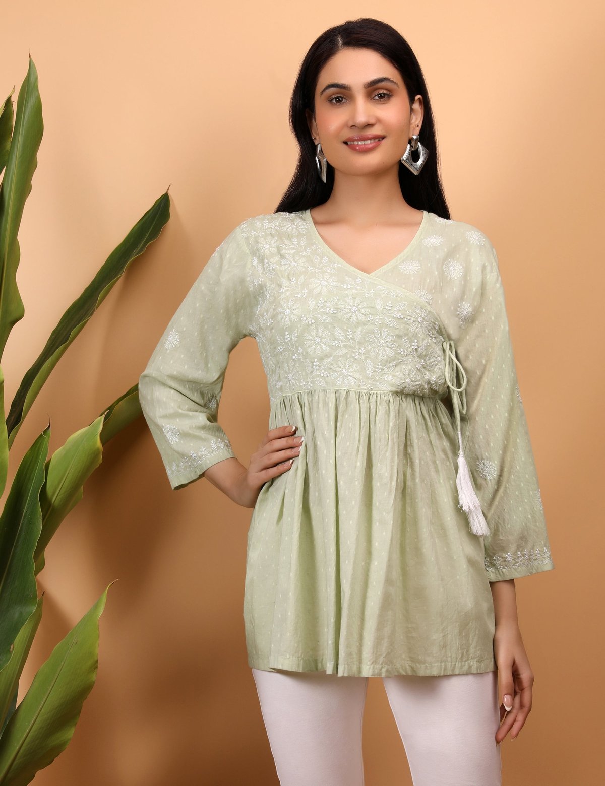 Shwet green white women chikankari angarkha top