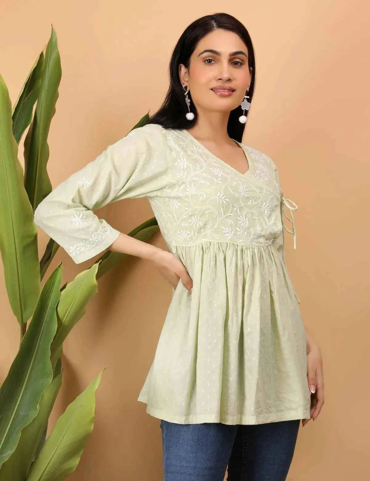 shwet green white women chikankari angarkha top