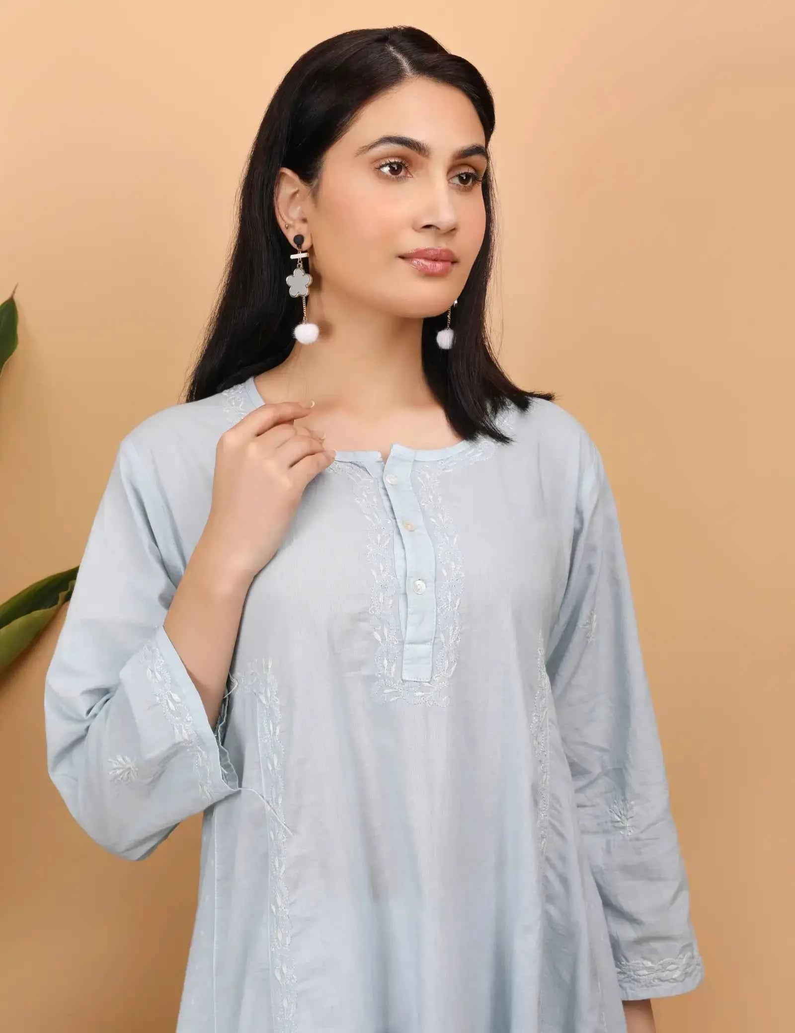 Shwet Women Grey Chikankari kali Kurti