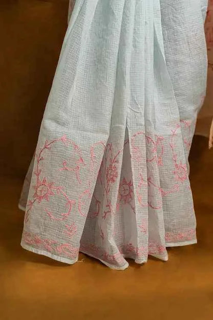 shwet grey pink kota cotton chikankari saree