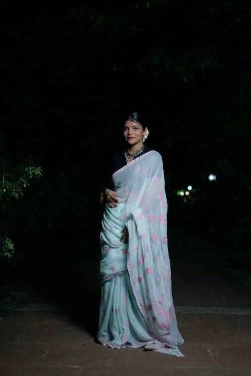 shwet blue pink kota cotton chikankari saree