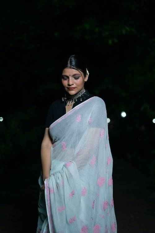 shwet blue pink kota cotton chikankari saree