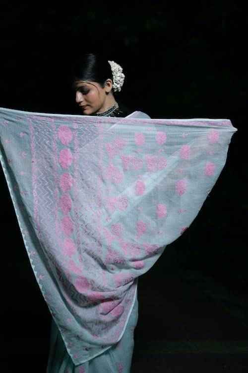 shwet blue pink kota cotton chikankari saree