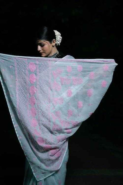 shwet blue pink kota cotton chikankari saree