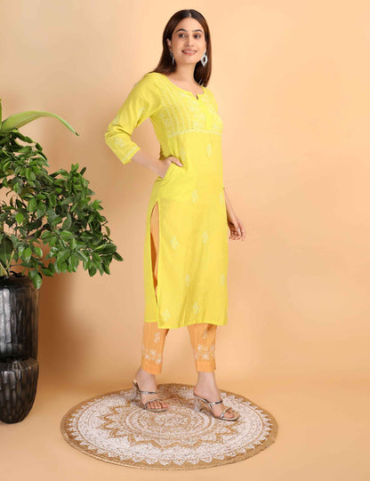 Shwet Women Parrot Green Chikankari Kurta pants