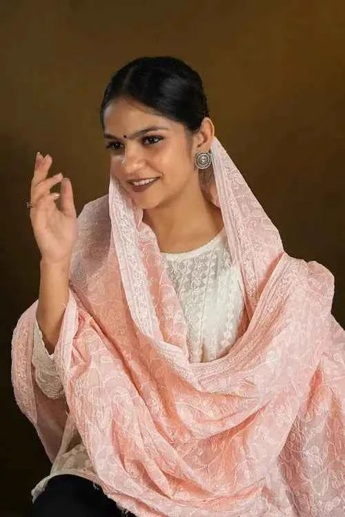 shwet pestal hues peach chikankari cotton dupatta