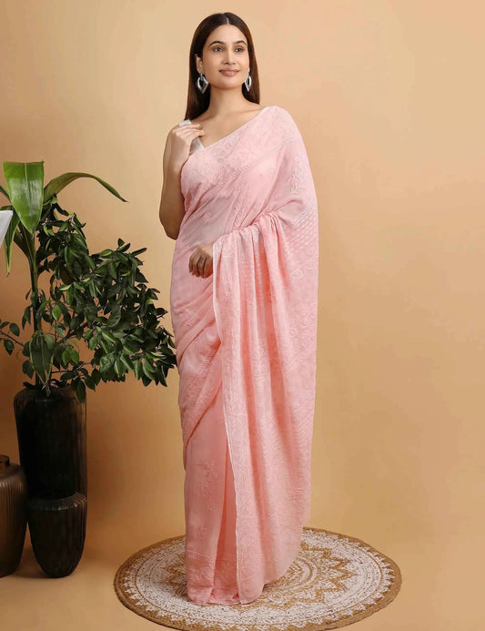 Shwet Peach Viscose Georgette Chikankari Saree