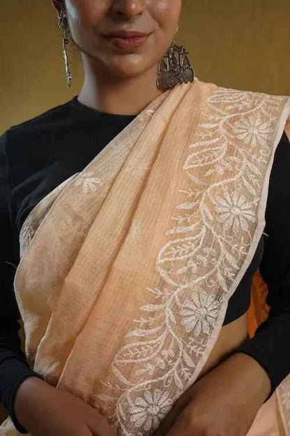 shwet peach kota cotton chikankari saree