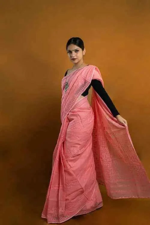 shwet pink kota cotton chikankari saree