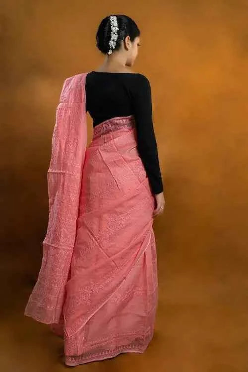 shwet pink kota cotton chikankari saree