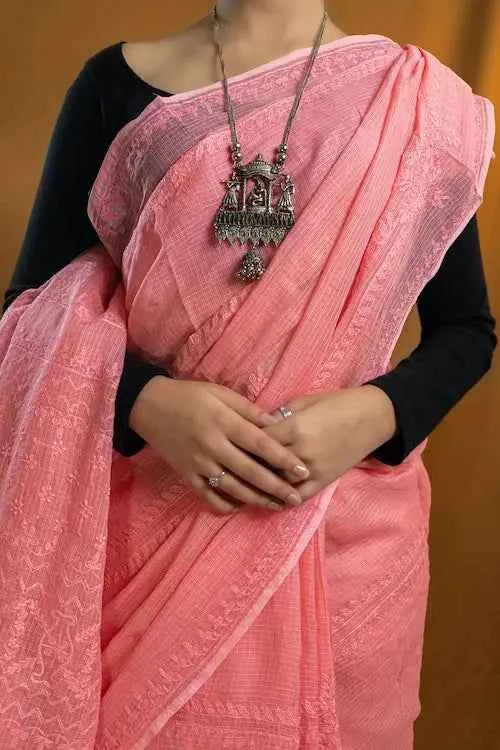 shwet pink kota cotton chikankari saree