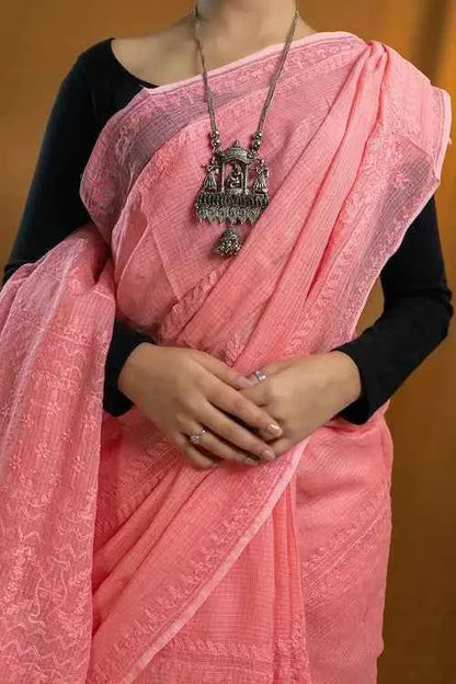 shwet pink kota cotton chikankari saree