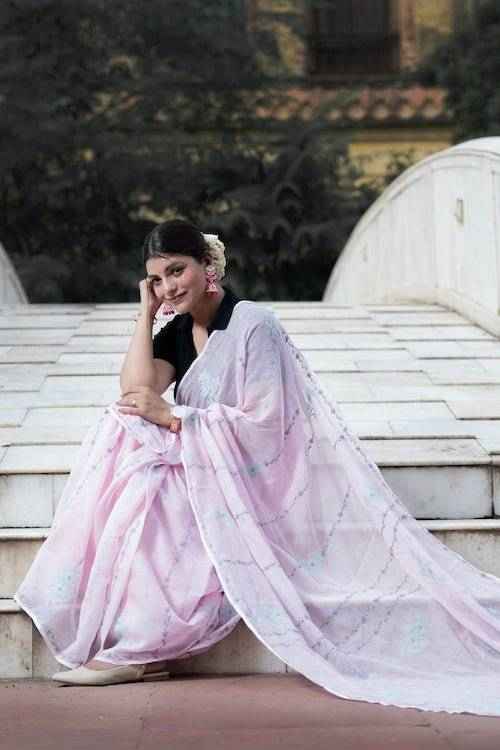 Shwet Pink grey blue Kota Cotton Chikankari Saree