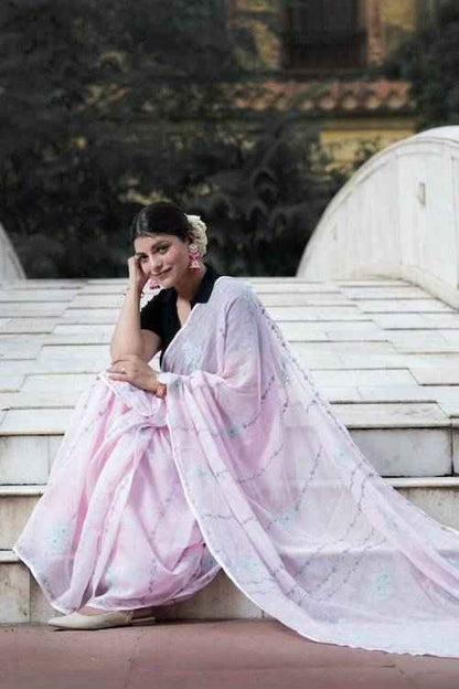 Shwet Pink grey blue Kota Cotton Chikankari Saree