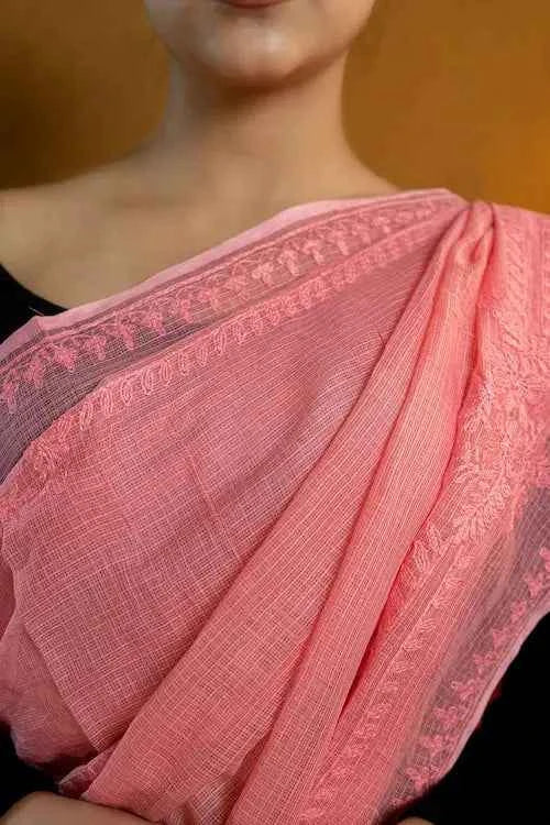 shwet pink kota cotton chikankari saree