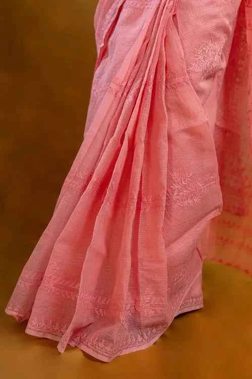 shwet pink kota cotton chikankari saree