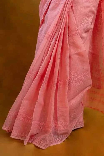 shwet pink kota cotton chikankari saree