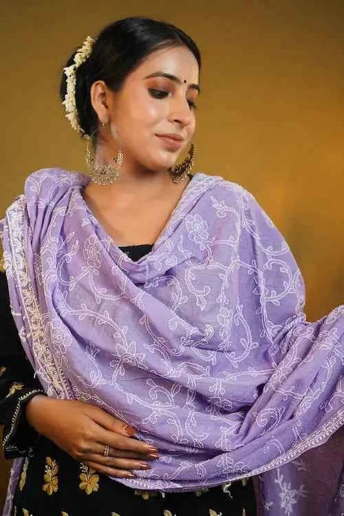 shwet pestal hues purple chikankari cotton dupatta
