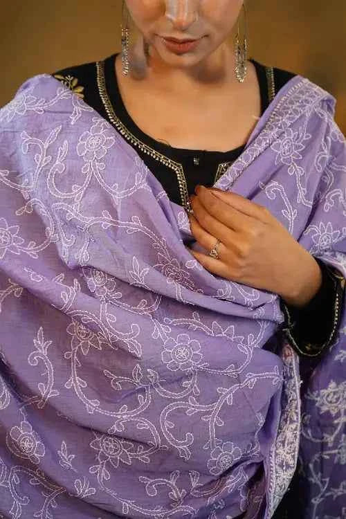 shwet pestal hues purple chikankari cotton dupatta