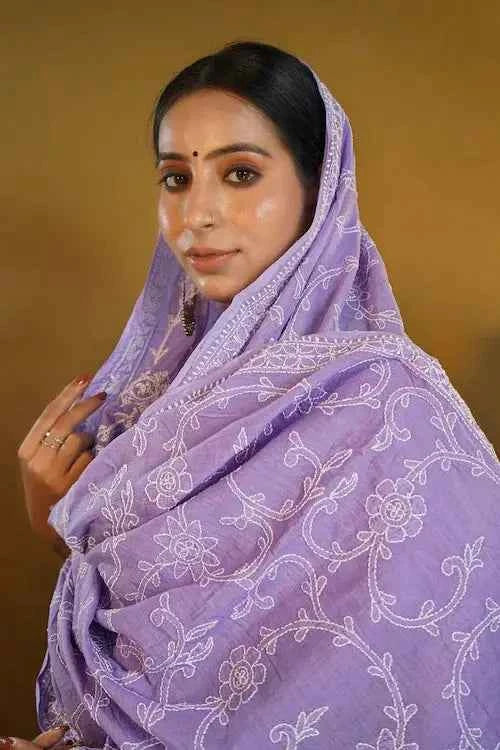 shwet pestal hues purple chikankari cotton dupatta