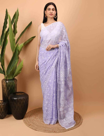 Shwet Purple Kota Cotton Chikankari Saree