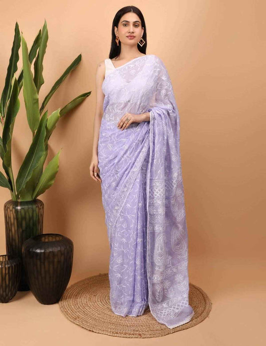 Shwet Purple Kota Cotton Chikankari Saree