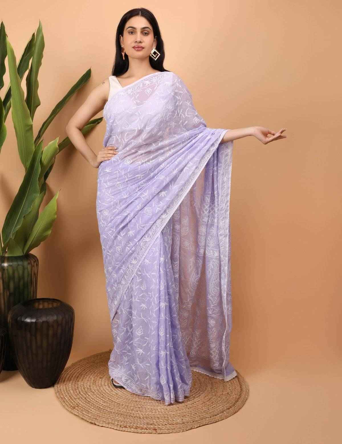 Shwet Purple Kota Cotton Chikankari Saree