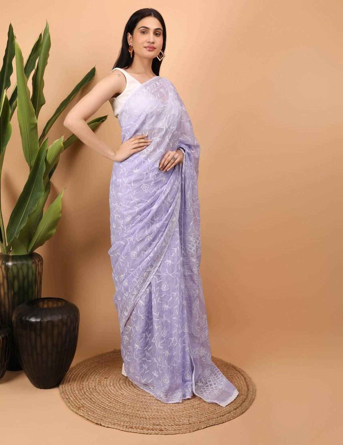 Shwet Purple Kota Cotton Chikankari Saree