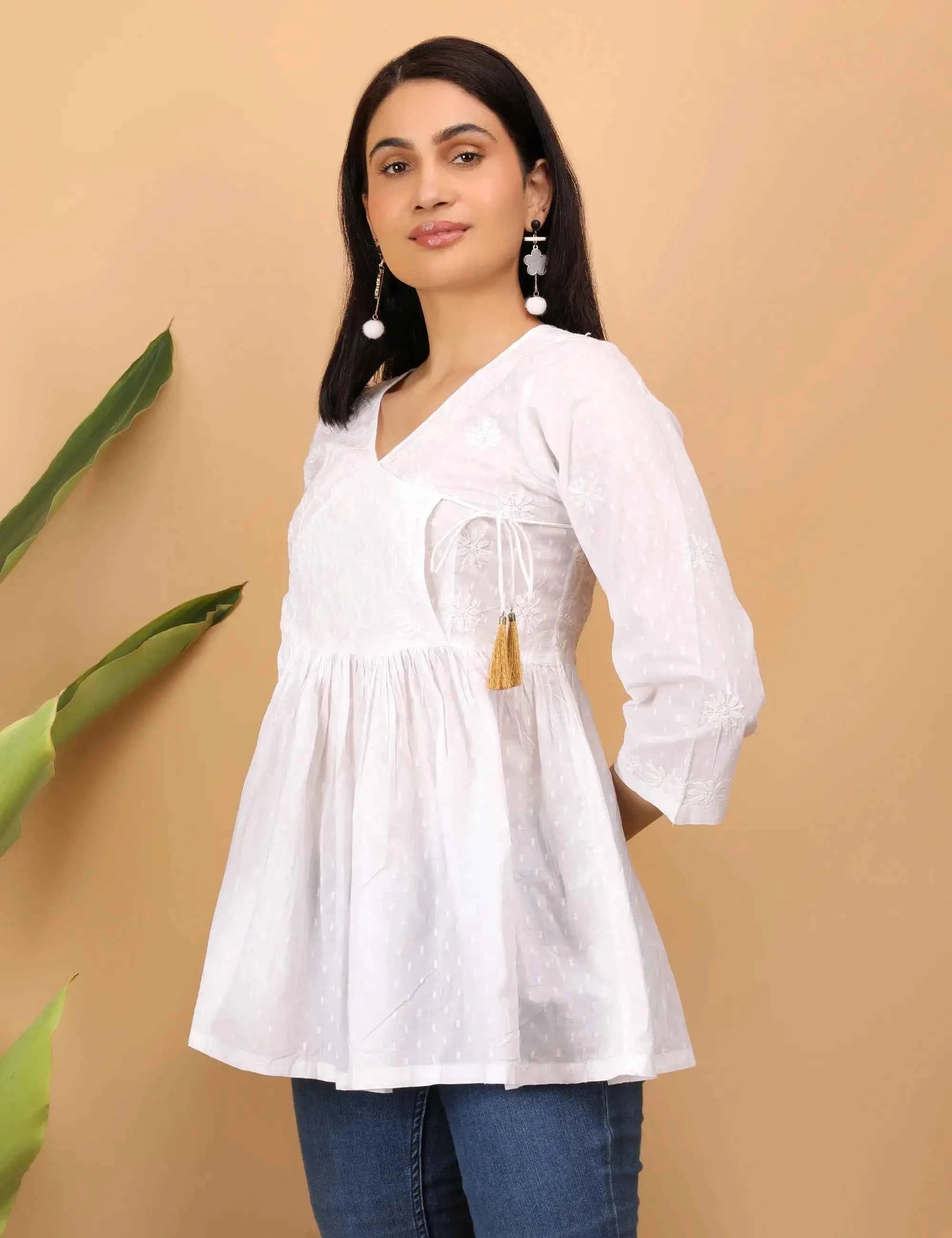 shwet white women chikankari angarkha top