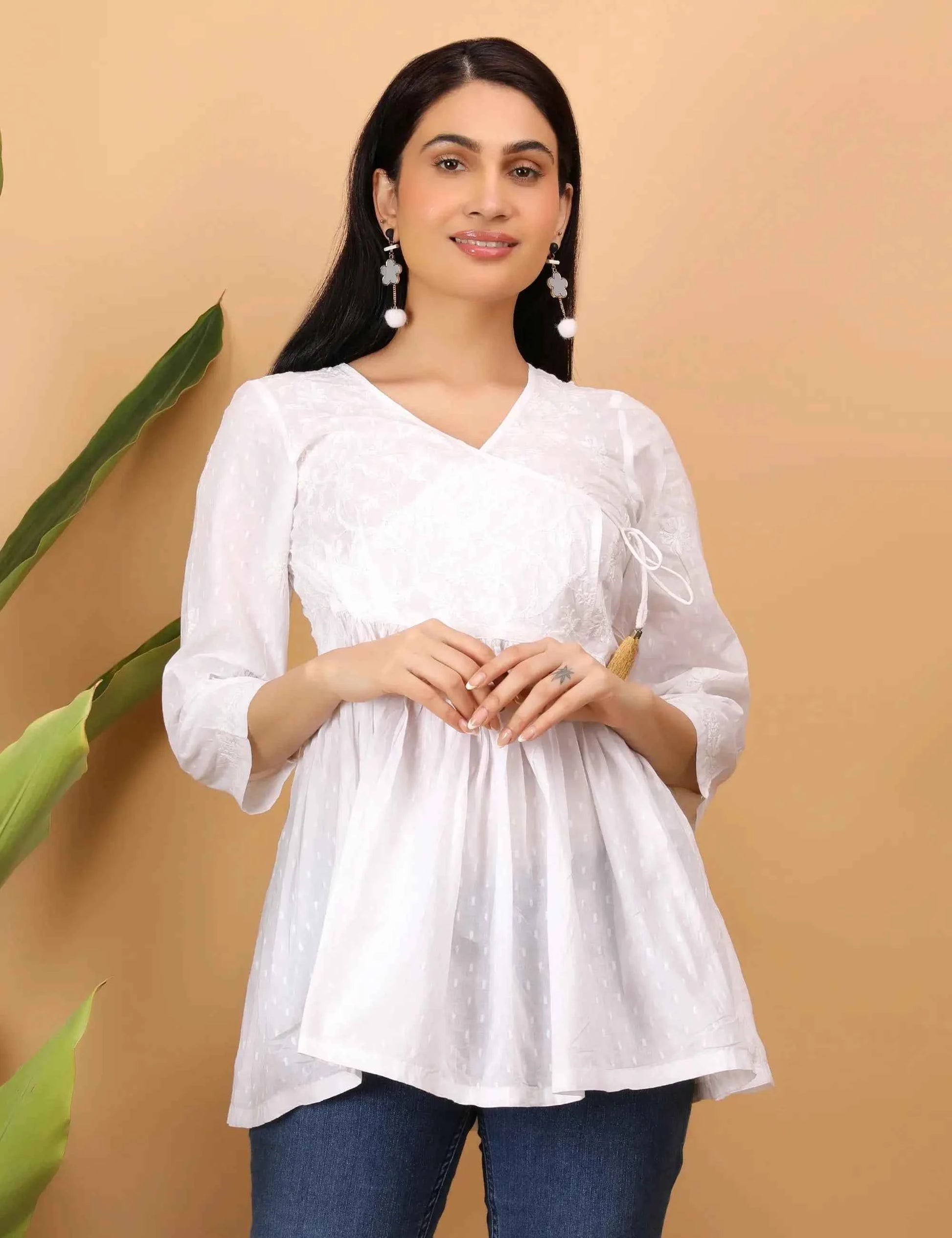 shwet white women chikankari angarkha top