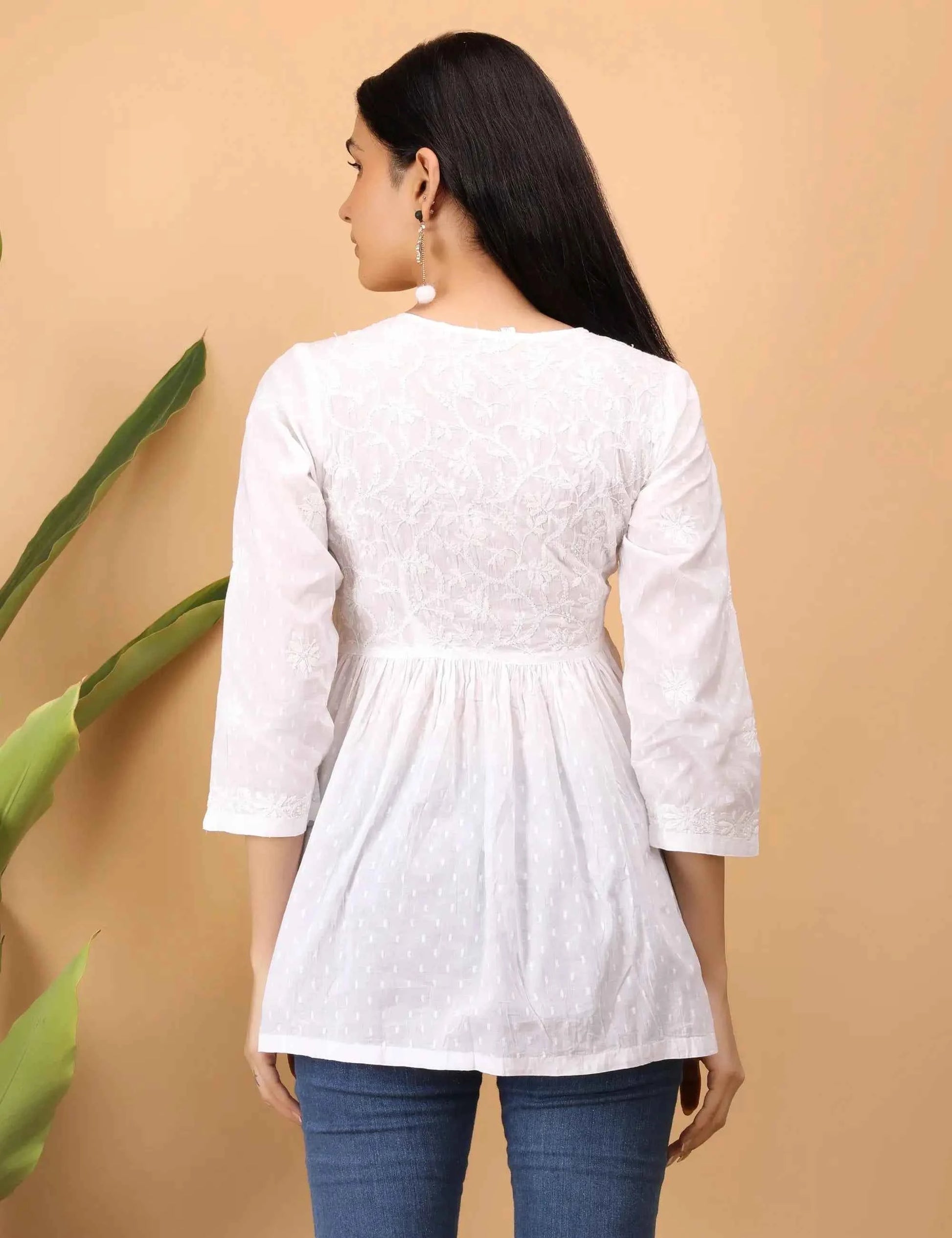 shwet white women chikankari angarkha top