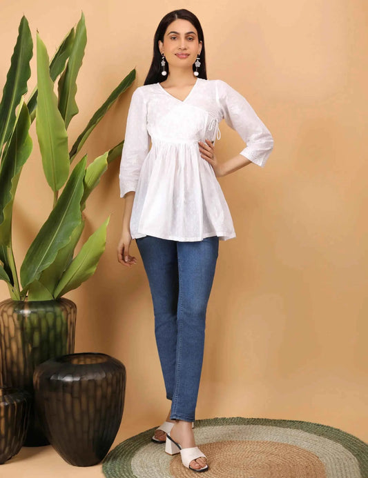 shwet white women chikankari angarkha top
