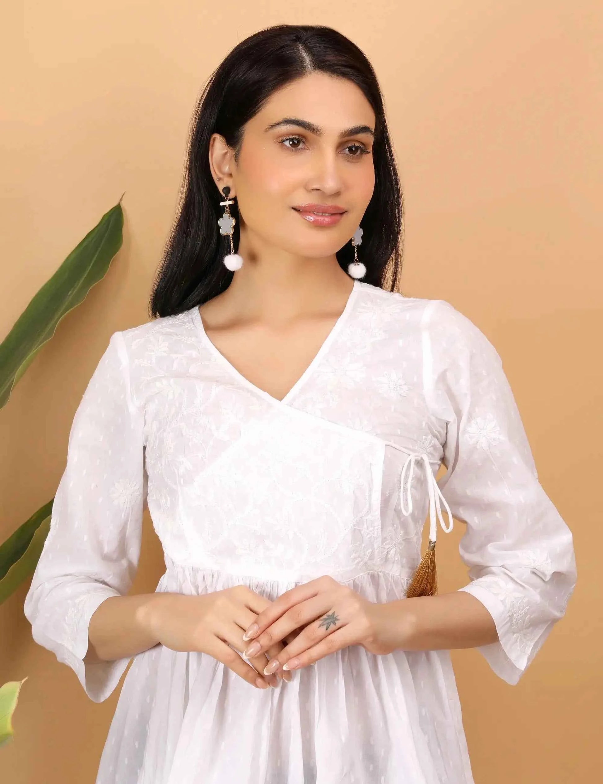 shwet white women chikankari angarkha top