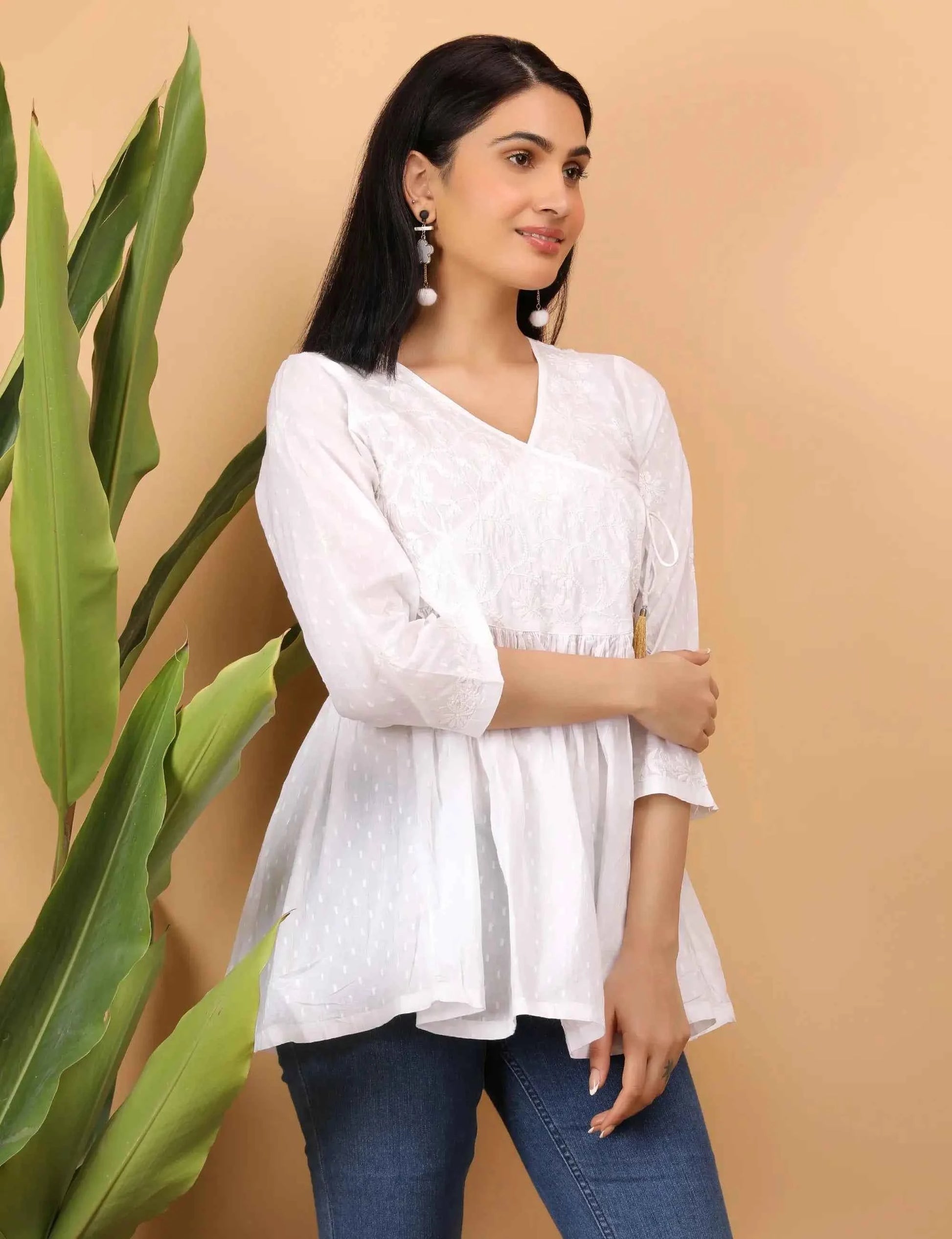 shwet white women chikankari angarkha top