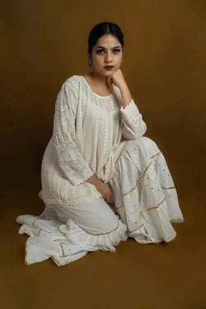 shwet pestal hues white chikankari cotton Garara