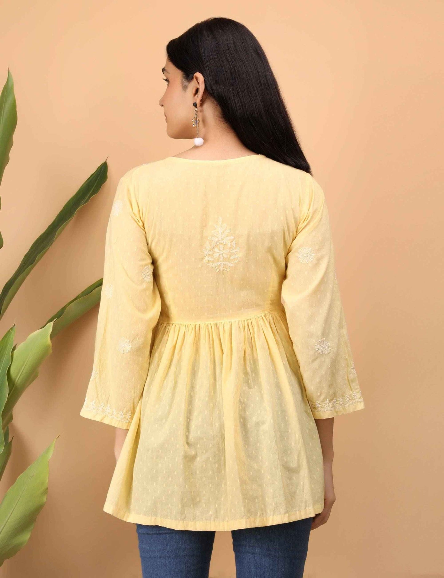 shwet yellow white women chikankari angarkha top