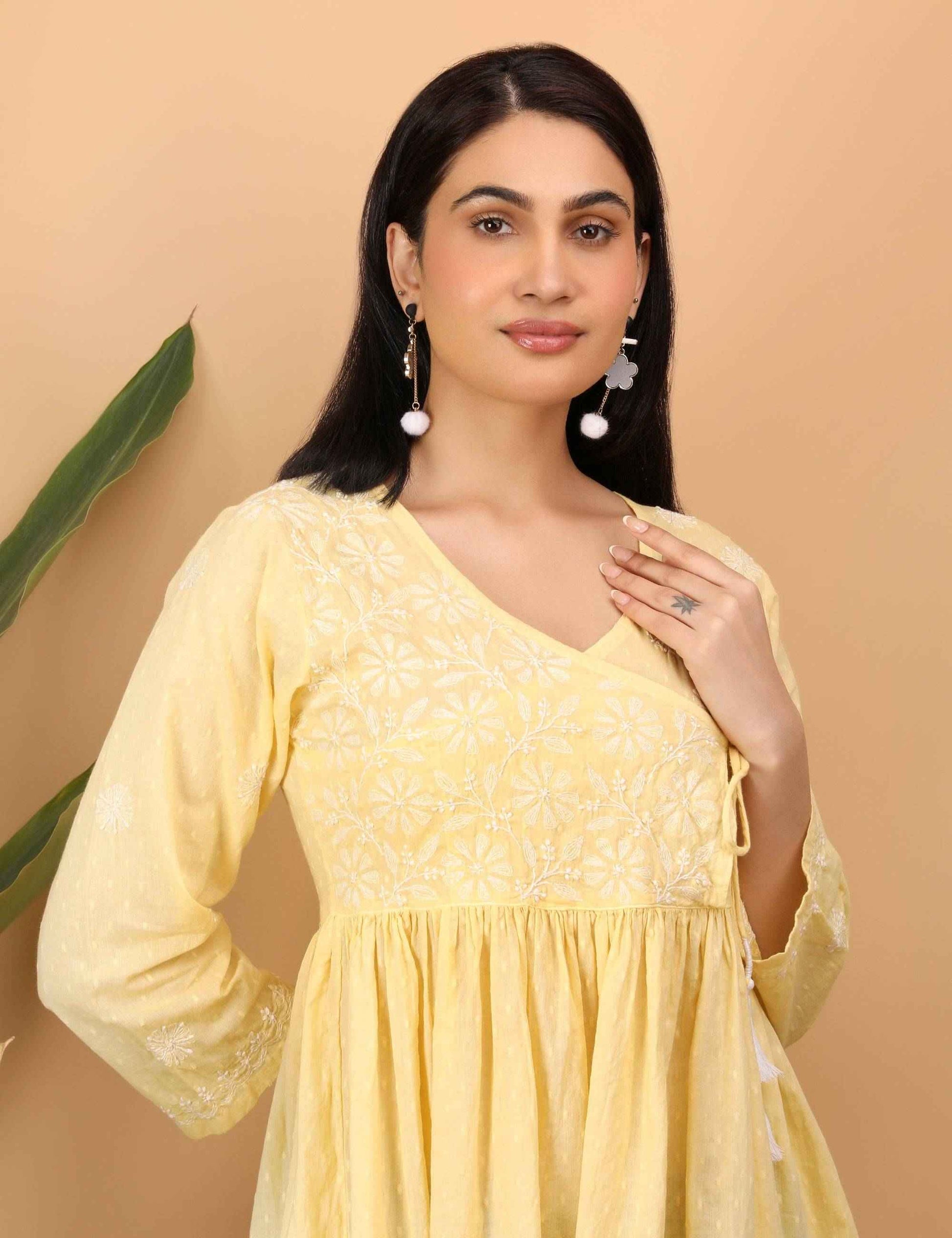 shwet yellow white women chikankari angarkha top