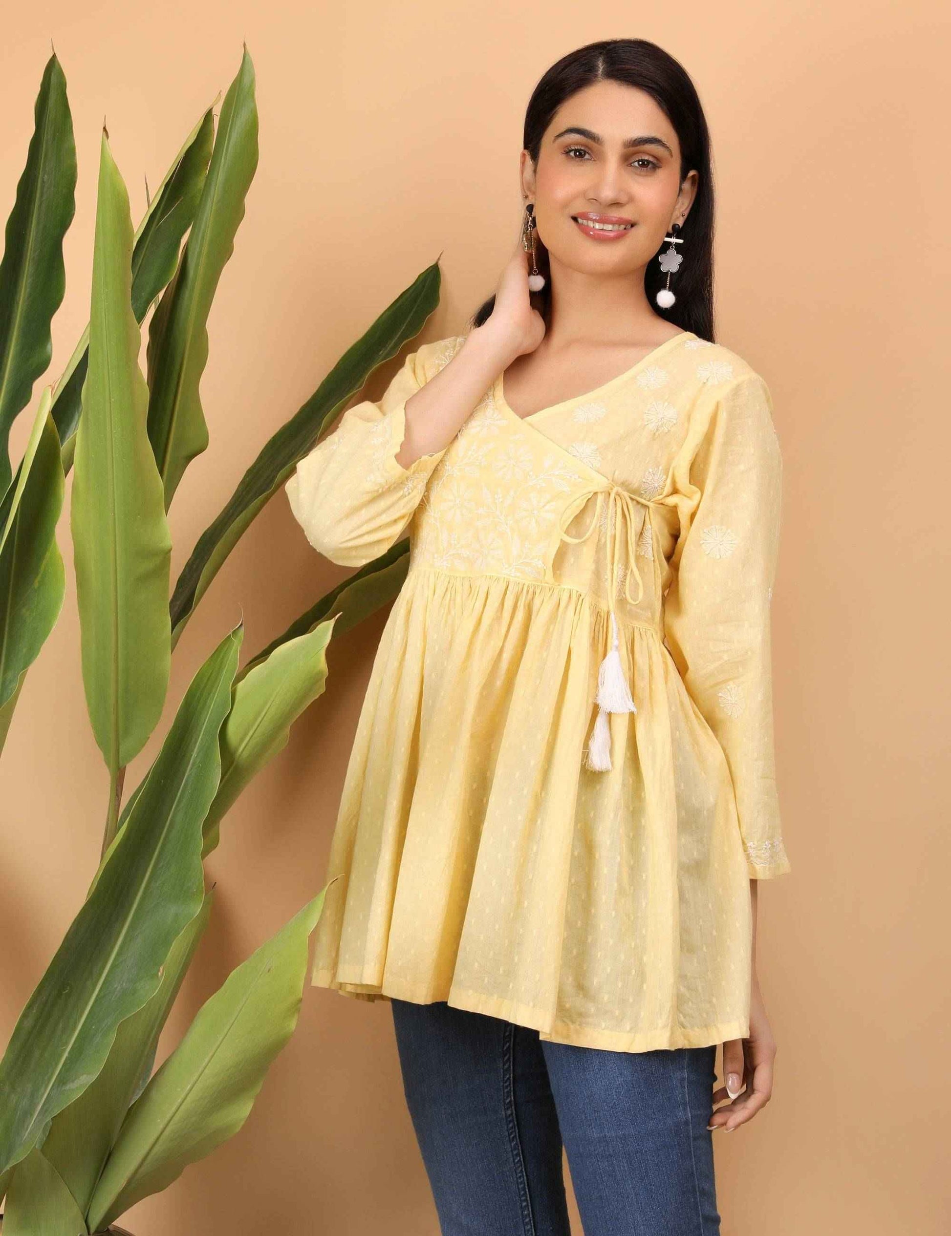 shwet yellow white women chikankari angarkha top
