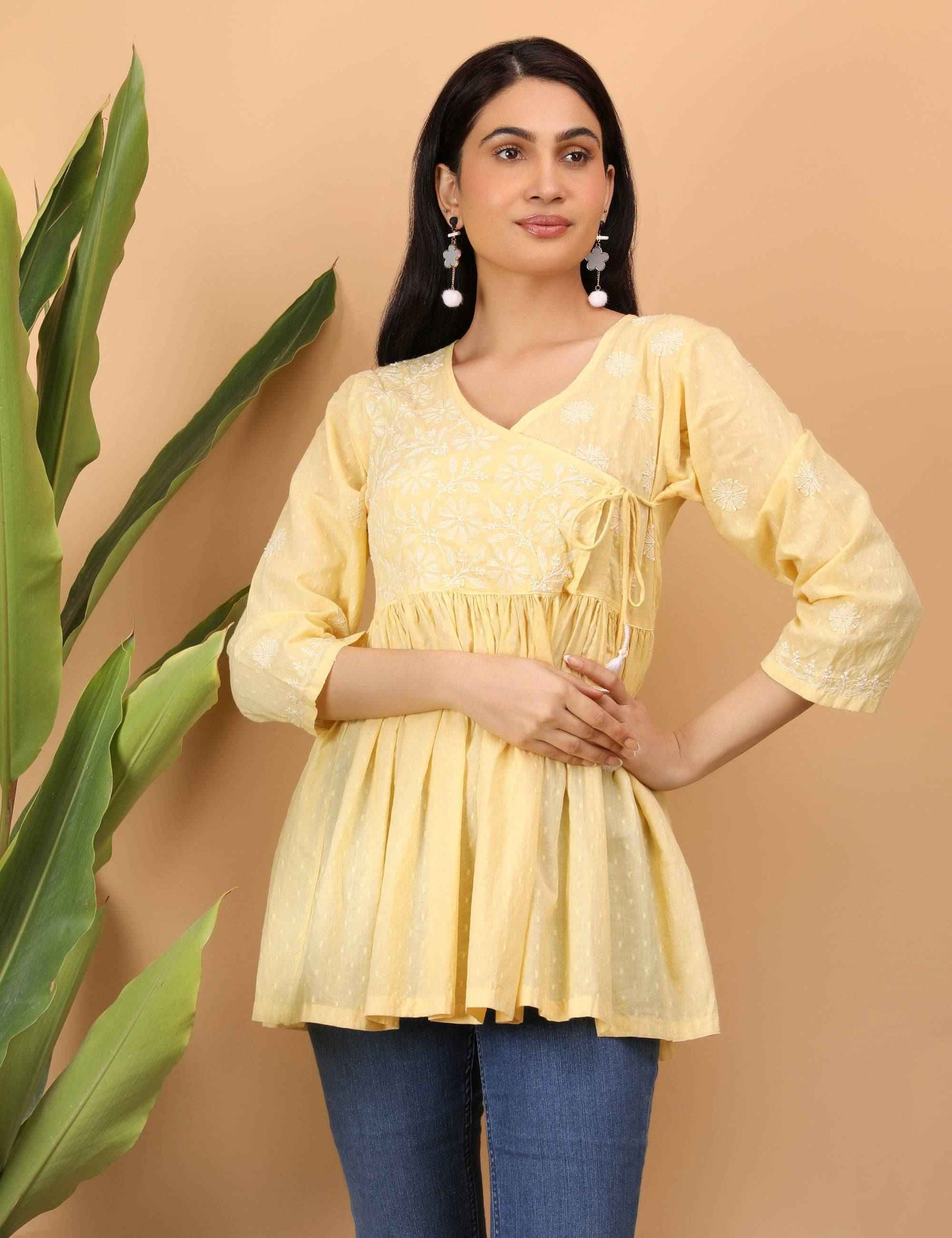 shwet yellow white women chikankari angarkha top
